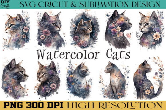 Download Cute Cat Flowers PNG Watercolor Design - Png Collection