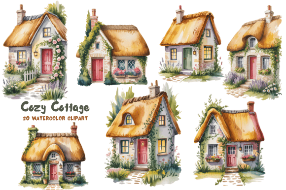 Download Cozy Cottage Watercolor Clipart - Cozy cottage Collection