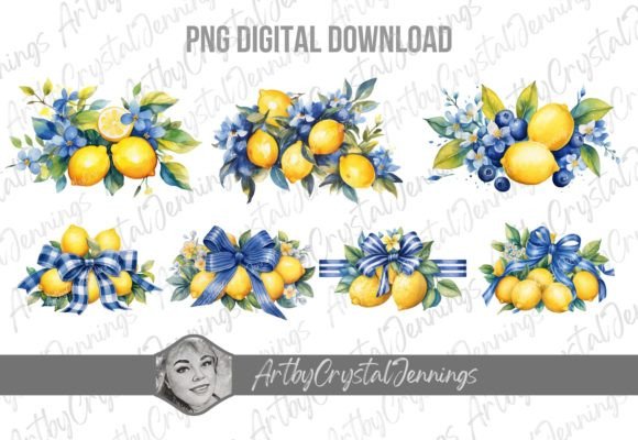 Download Blue Floral Lemon Watercolor Design PNG - Png Collection