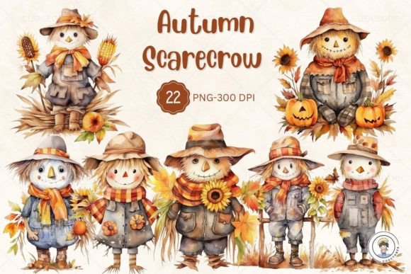 Download Watercolor Cute Autumn Scarecrow Clipart - Autumn Collection
