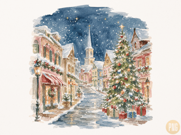 Download Vintage Christmas Village Watercolor PNG - Png Collection