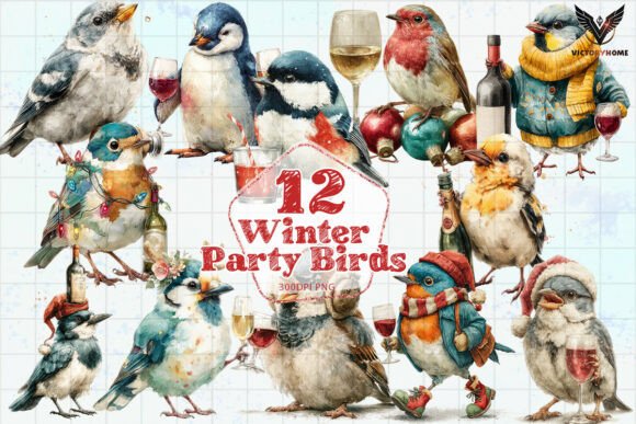 Download Winter Party Birds Watercolor Pack PNG - Png Collection