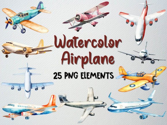 Download Watercolor Airplane Clipart Set, 25 PNG - Png Collection