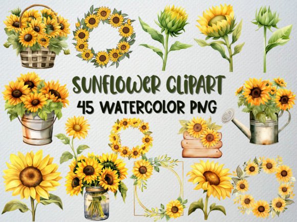Download Watercolor Sunflower Clipart Set, 45 PNG - Png Collection
