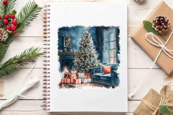 Download Blue Christmas Home Watercolor, 7S-13 - Christmas home watercolor Collection